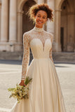 High Neck Ivory Satin A-Line Lace Wedding Dress with Long Sleeves