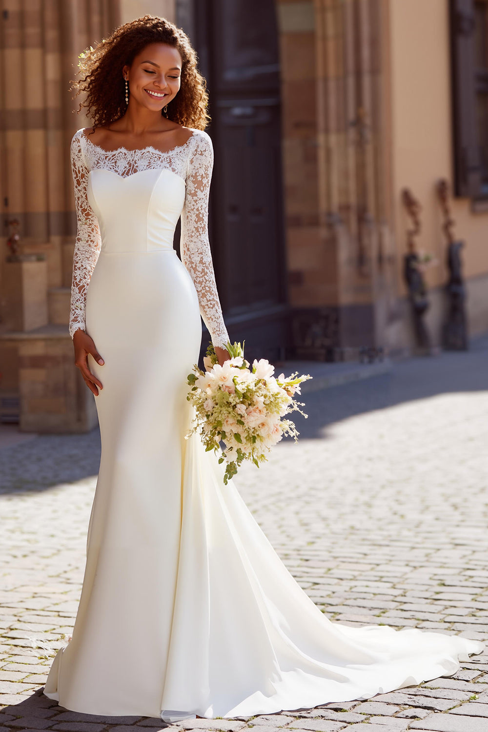 Mermaid White Lace Long Sleeve Wedding Dress