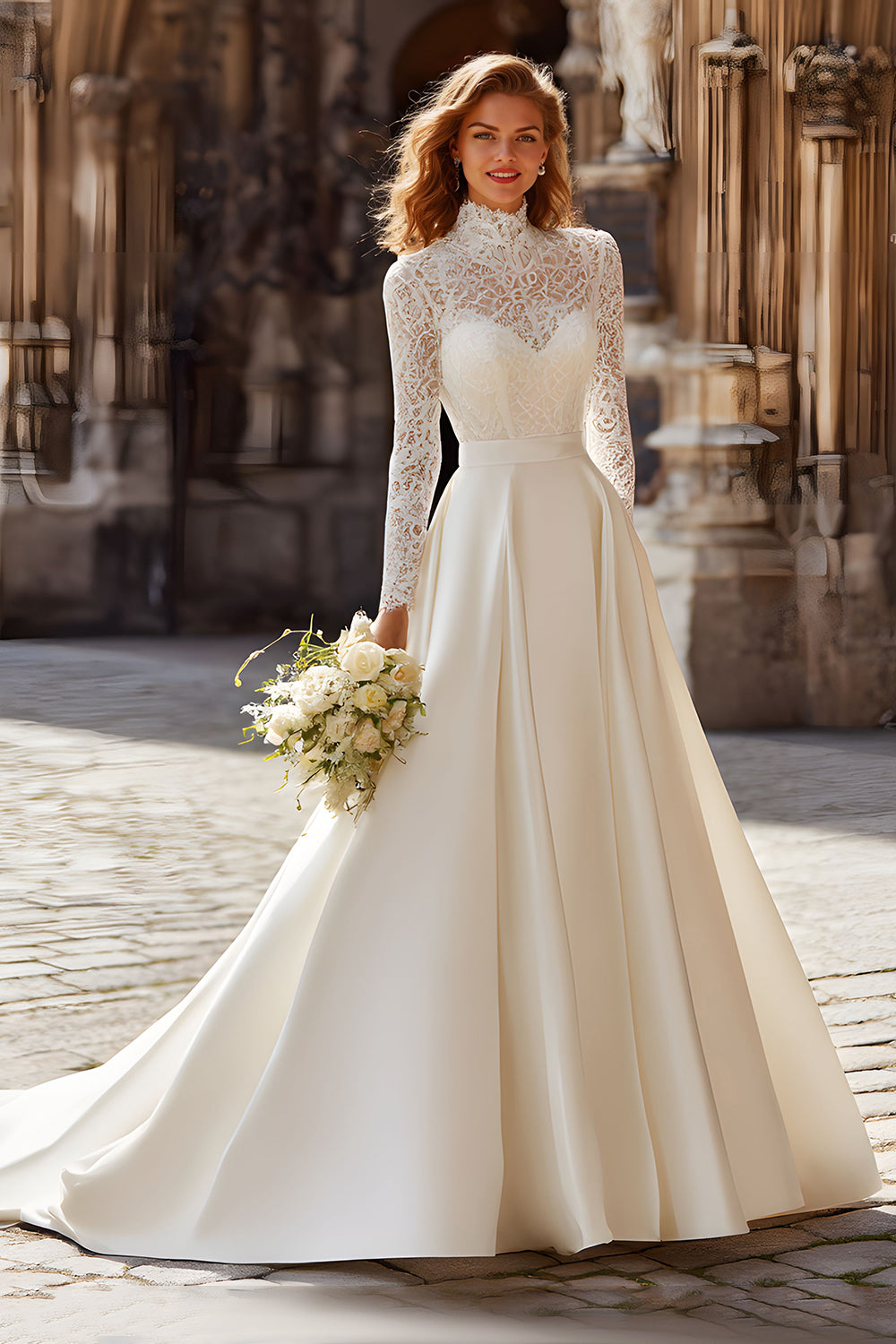 Modest A-Line Ivory High Neck Long Sleeve Wedding Dress With Lace