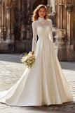 Modest A-Line Ivory High Neck Long Sleeve Wedding Dress With Lace