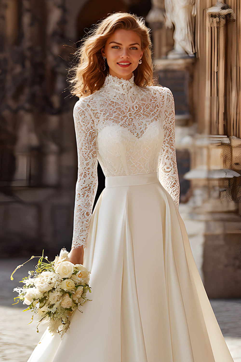 Modest A-Line Ivory High Neck Long Sleeve Wedding Dress With Lace