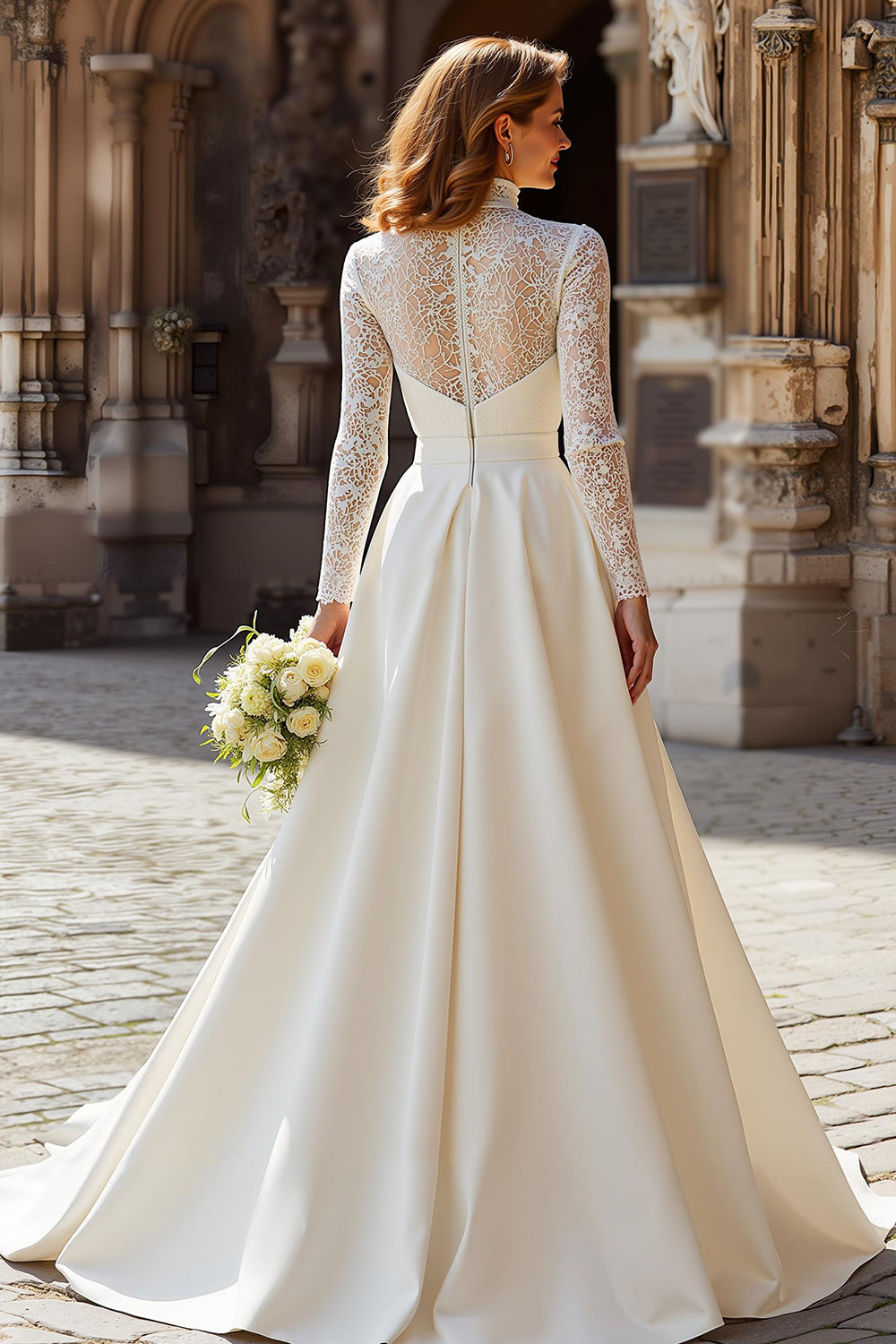 Modest A-Line Ivory High Neck Long Sleeve Wedding Dress With Lace