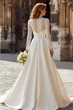 Modest A-Line Ivory High Neck Long Sleeve Wedding Dress With Lace