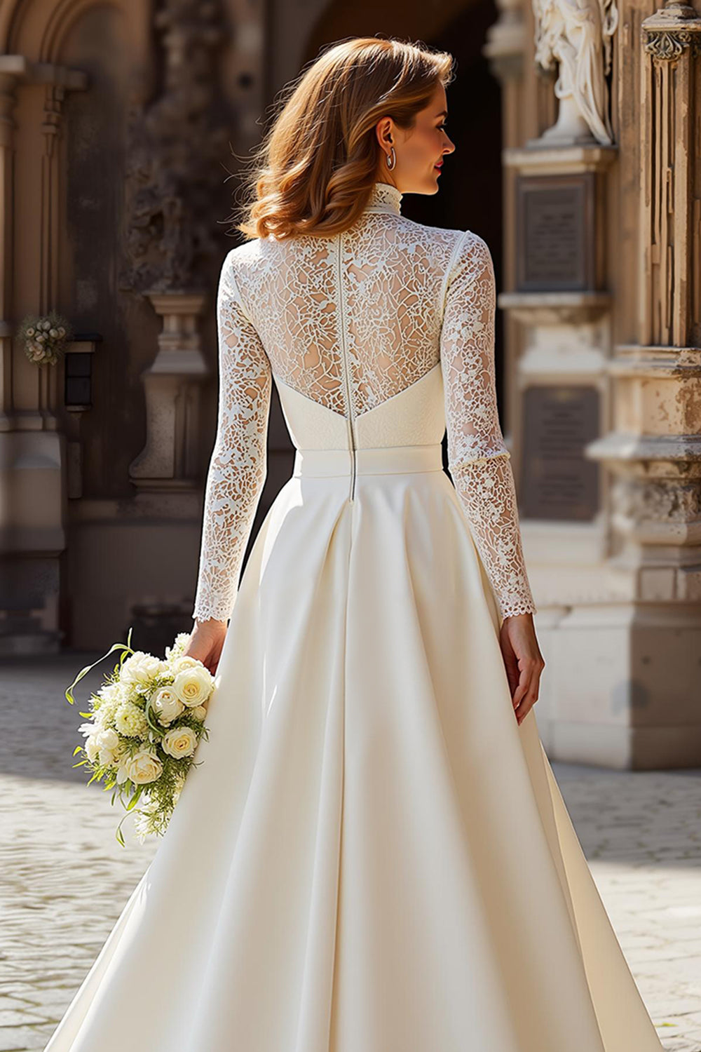 Modest A-Line Ivory High Neck Long Sleeve Wedding Dress With Lace