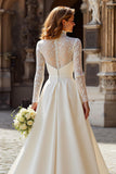 Modest A-Line Ivory High Neck Long Sleeve Wedding Dress With Lace