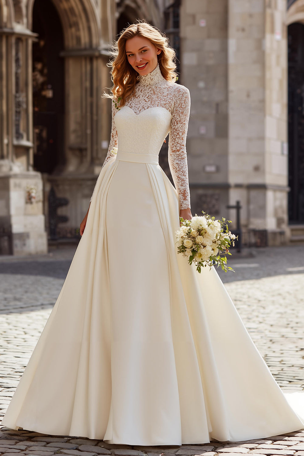 Ivory A-Line Lace High Neck Wedding Dress with Long Sleeves