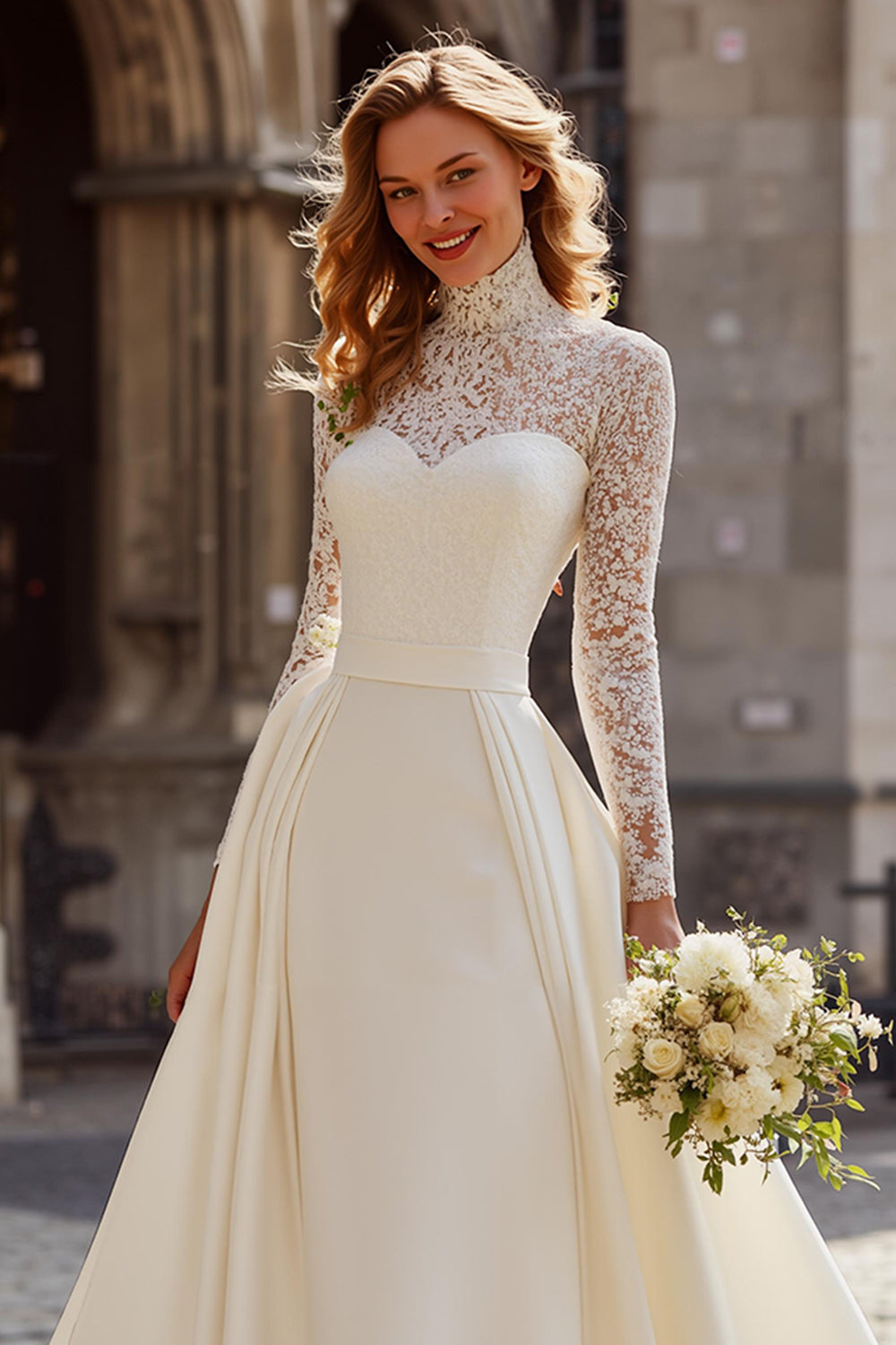 Ivory A-Line Lace High Neck Wedding Dress with Long Sleeves