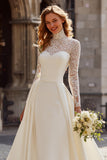 Ivory A-Line Lace High Neck Wedding Dress with Long Sleeves