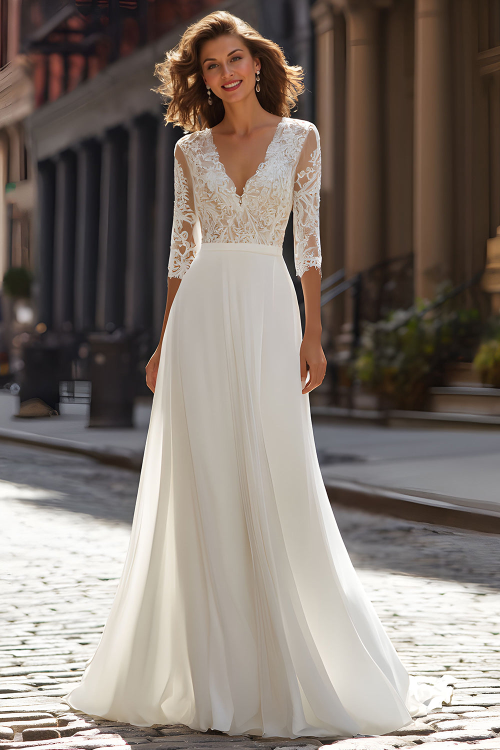 Ivory V-Neck A-Line Floor Length Wedding Dress With Lace