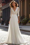 Ivory V-Neck A-Line Floor Length Wedding Dress With Lace