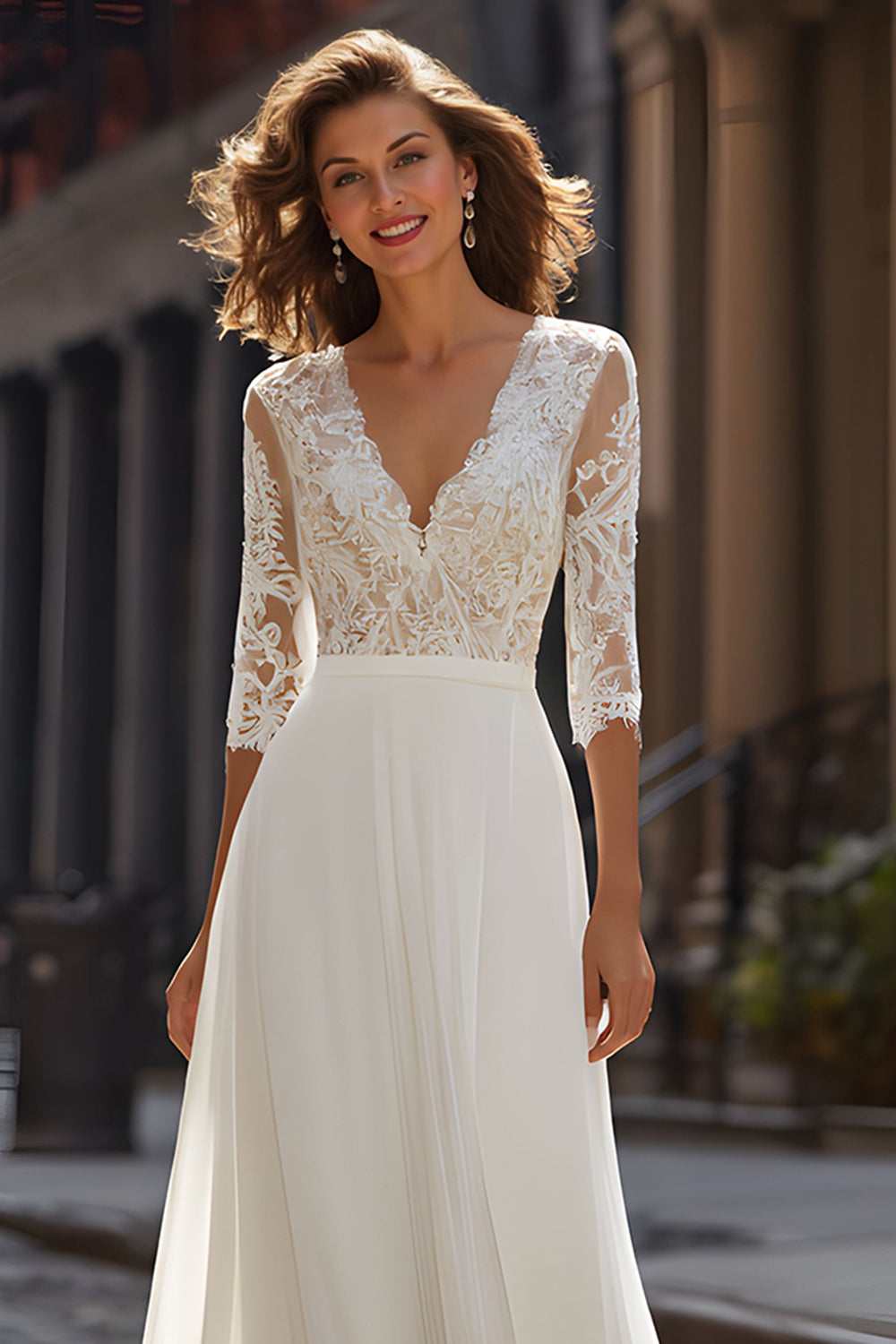 Ivory V-Neck A-Line Floor Length Wedding Dress With Lace