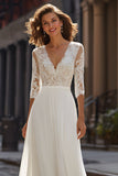 Ivory V-Neck A-Line Floor Length Wedding Dress With Lace