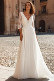 A-Line V-Neck Ivory Wedding Dress With Lace