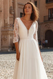 A-Line V-Neck Ivory Wedding Dress With Lace