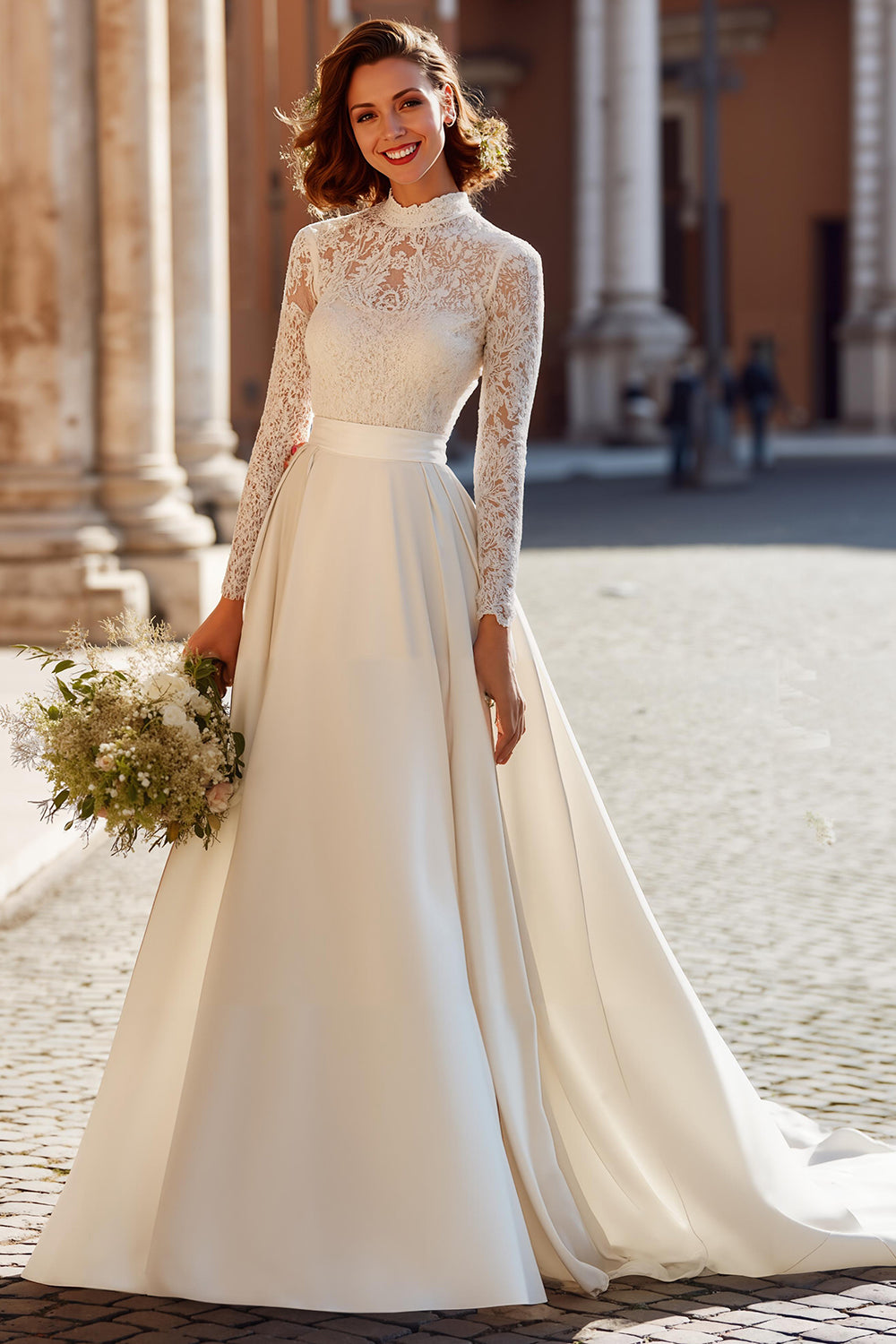 Modest Ivory A-Line High Neck Long Sleeve Wedding Dress With Lace