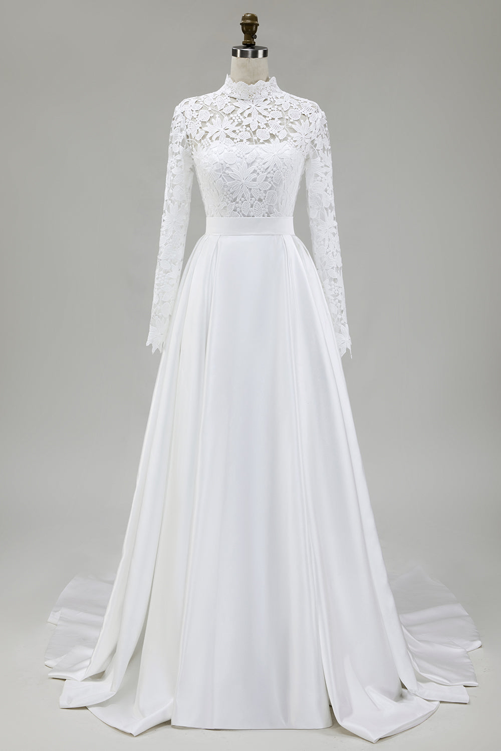 Modest Ivory A-Line High Neck Long Sleeve Wedding Dress With Lace