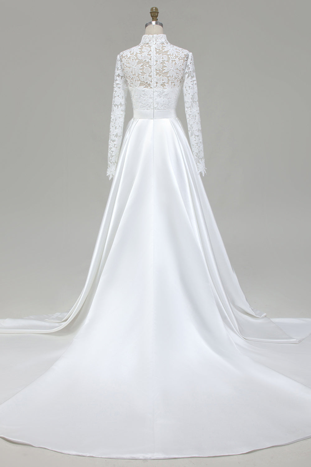 Modest Ivory A-Line High Neck Long Sleeve Wedding Dress With Lace