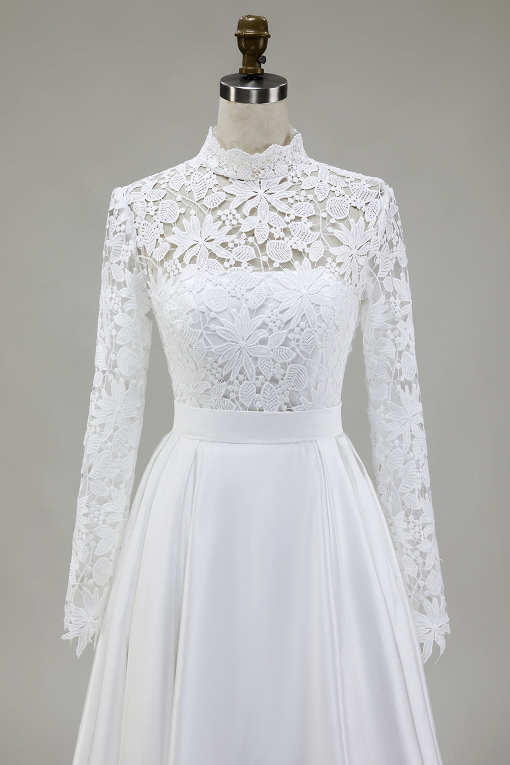 Modest Ivory A-Line High Neck Long Sleeve Wedding Dress With Lace