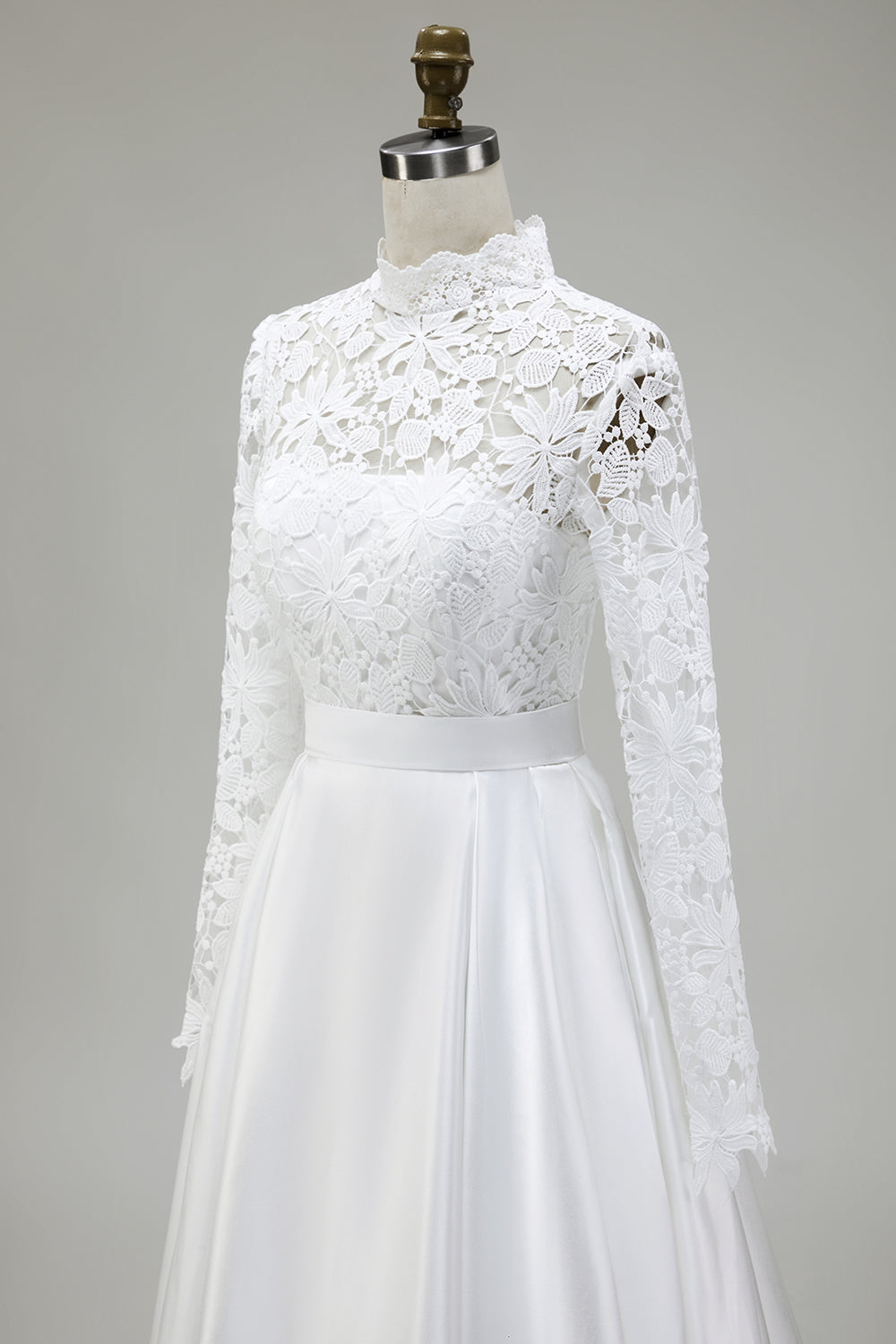 Modest Ivory A-Line High Neck Long Sleeve Wedding Dress With Lace