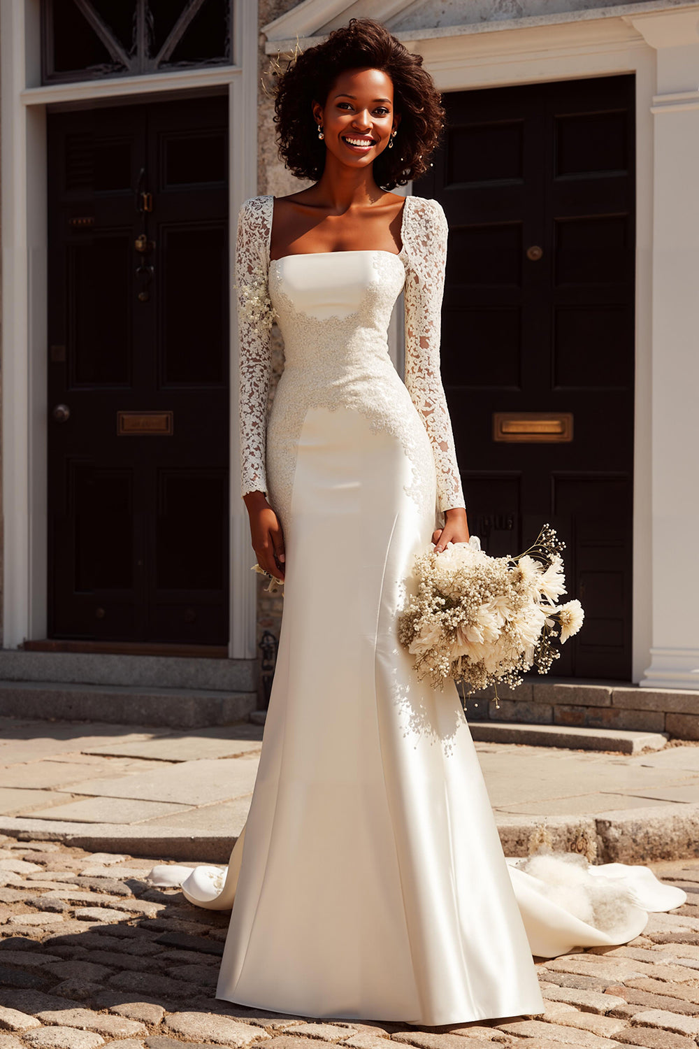 Mermaid Ivory Suqare Neck Lace Long Sleeve Wedding Dress
