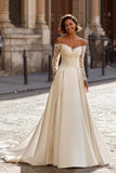Ivory A-Line Off The Shoulder Court Train Wedding Dress With Lace