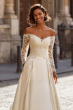 Ivory A-Line Off The Shoulder Court Train Wedding Dress With Lace