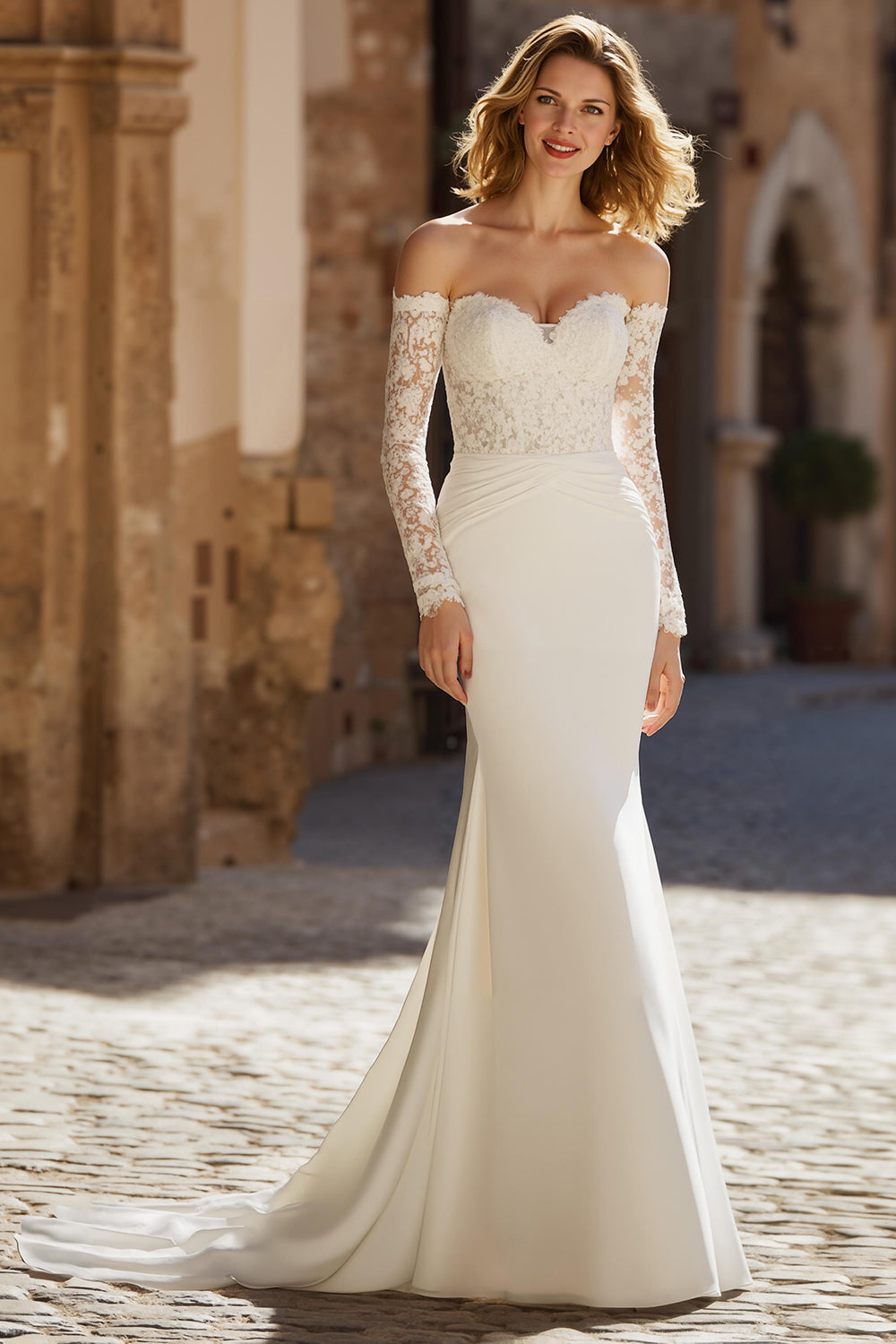 Mermaid Off The Shoulder Ivory Wedding Dress With Lace