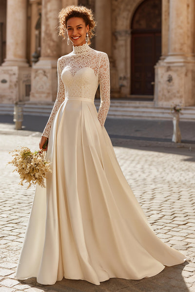 Berylove Women Modest Wedding Dress with Long Sleeves A-Line Ivory High Neck Floor-Length Lace Bridal Dress, Ivory / US4