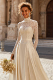 Modest Ivory High Neck Lace Long Sleeve A-Line Wedding Dress