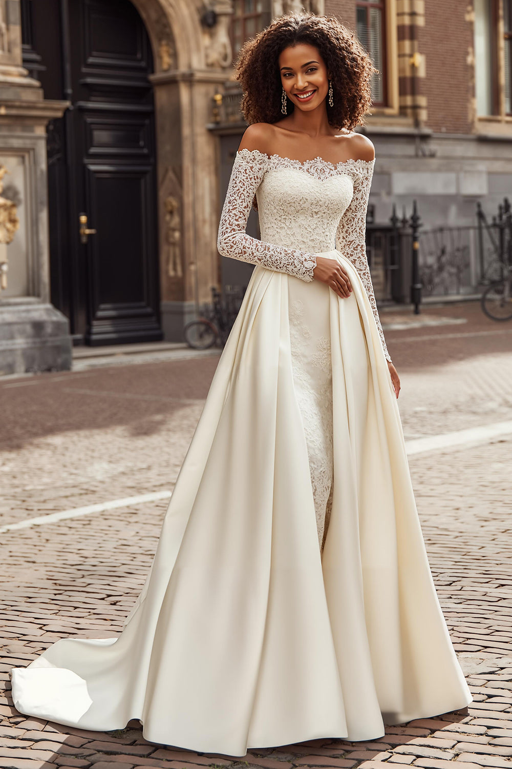Ivory A-Line Off The Shoulder Sweep Train Wedding Dress With Lace