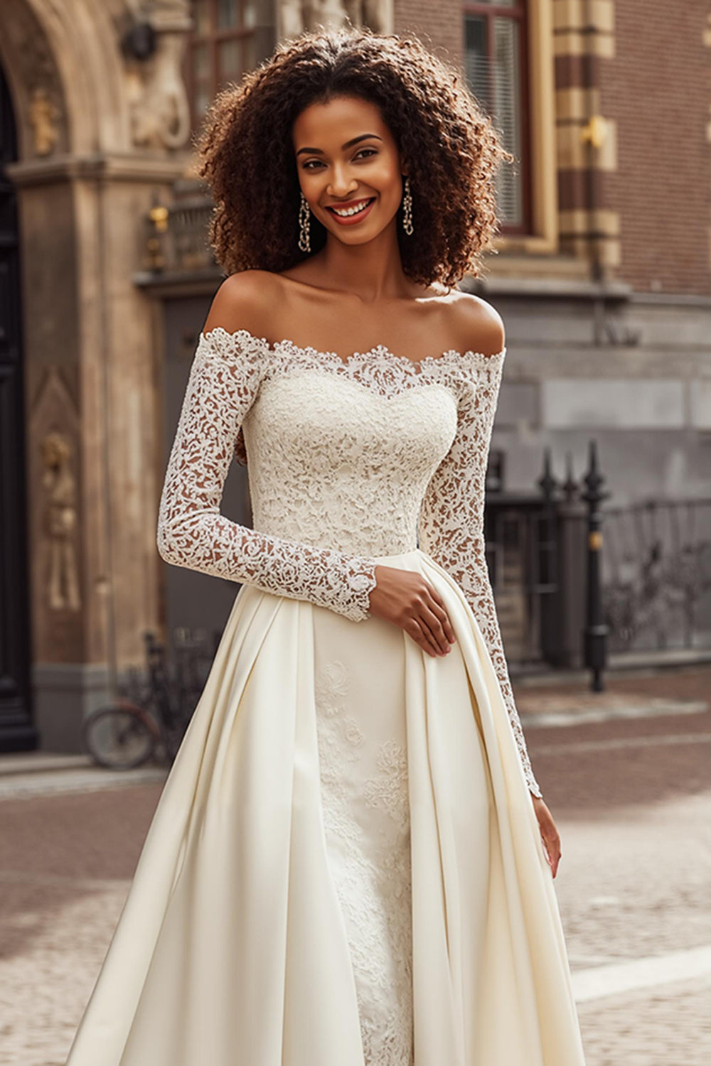 Ivory A-Line Off The Shoulder Sweep Train Wedding Dress With Lace