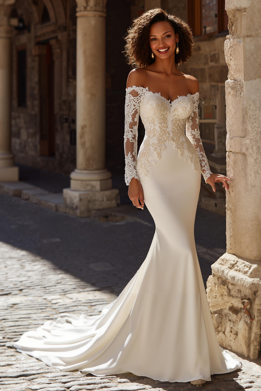 Elegant Mermaid Off The Shoulder Ivory Satin Wedding Dress with Lace
