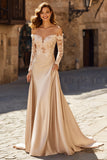 Off The Shoulder Champagne Long Sleeve Satin Wedding Dress With Lace