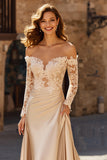 Off The Shoulder Champagne Long Sleeve Satin Wedding Dress With Lace