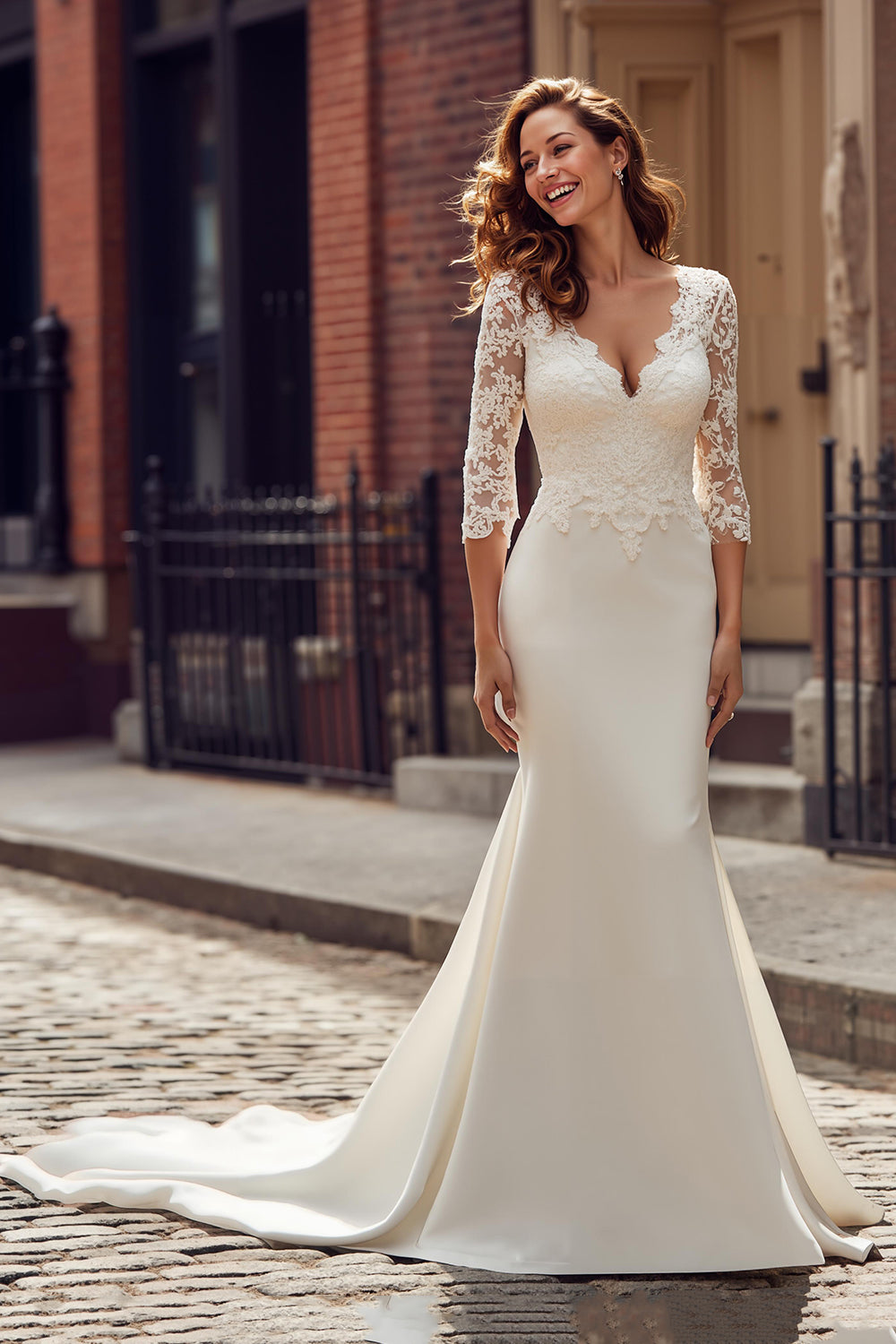 Mermaid Ivory V-Neck Long Sleeve Wedding Dress with Lace