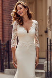 Mermaid Ivory V-Neck Long Sleeve Wedding Dress with Lace