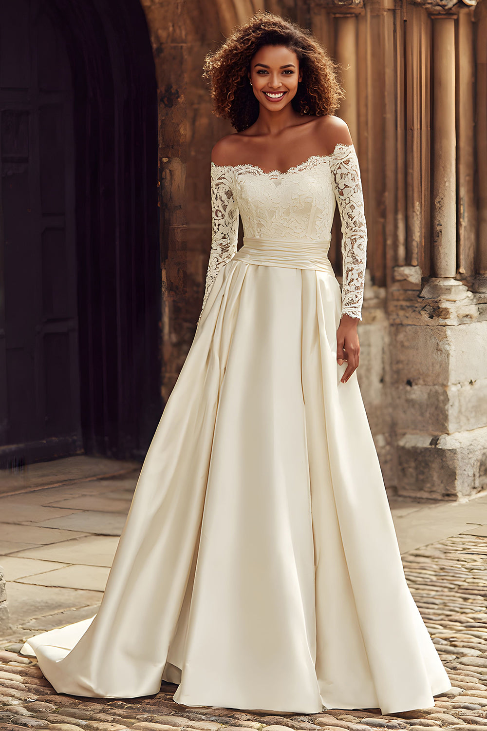 Ivory Satin A-Line Off The Shoulder Wedding Dress With Lace