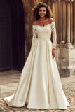 Ivory Satin A-Line Off The Shoulder Wedding Dress With Lace