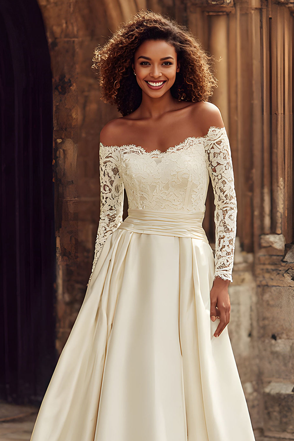 Ivory Satin A-Line Off The Shoulder Wedding Dress With Lace