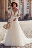 A-Line V-Neck Ivory Long Sleeve Wedding Dress With Lace