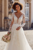 A-Line V-Neck Ivory Long Sleeve Wedding Dress With Lace