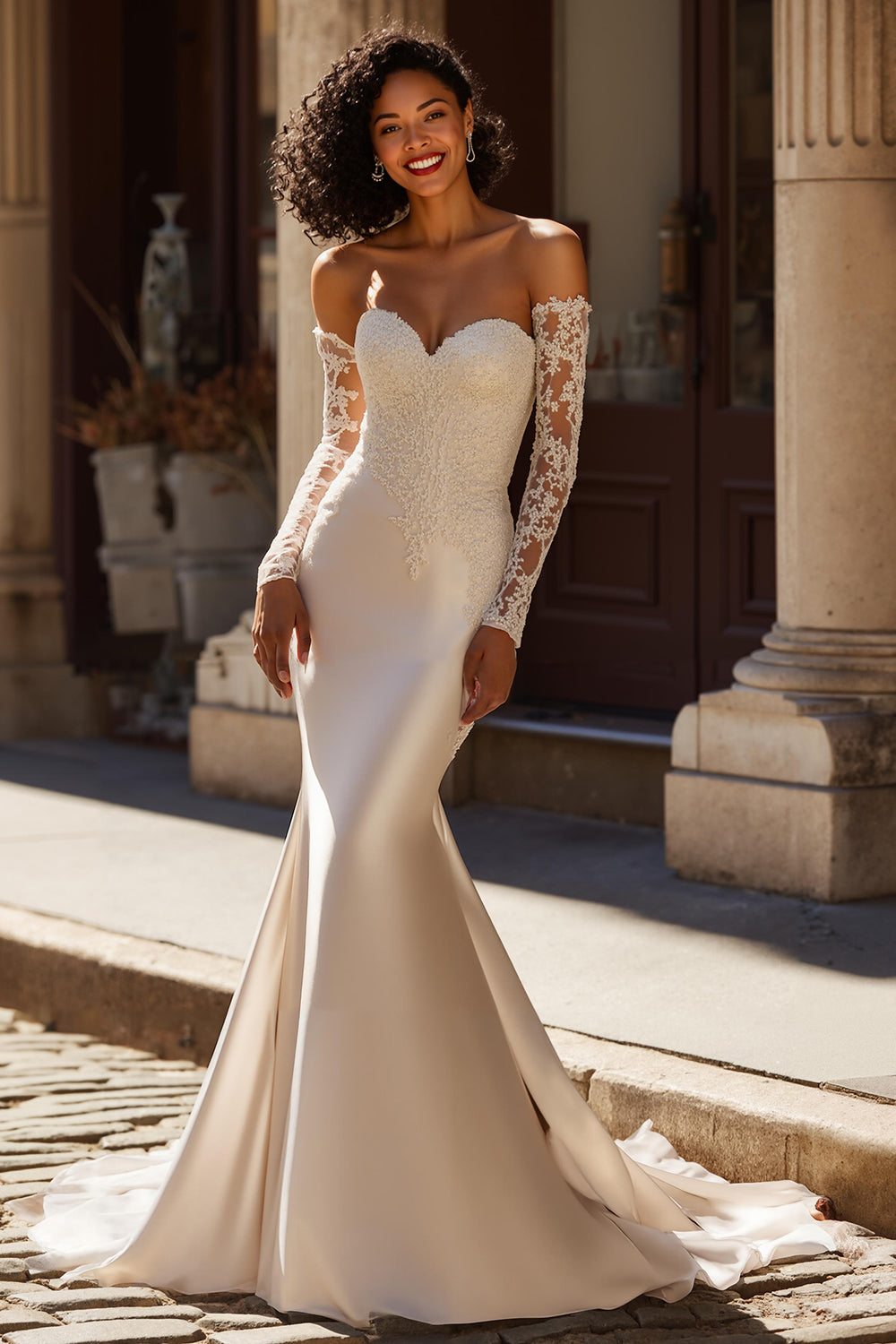 Ivory Mermaid Long Sleeve Wedding Dress with Appliques
