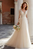 Ivory Long Sleeve V Neck A-Line Wedding Dress With Lace