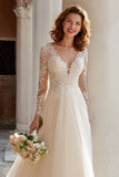 Ivory Long Sleeve V Neck A-Line Wedding Dress With Lace
