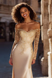 Champagne Mermaid Off The Shoulder Lace Wedding Dress