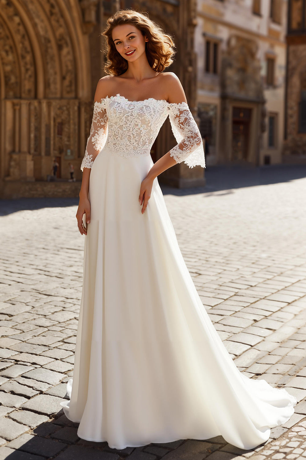 Off The Shoulder A-Line Ivory Lace Wedding Dress with Sweep Train