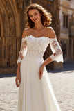 Off The Shoulder A-Line Ivory Lace Wedding Dress with Sweep Train