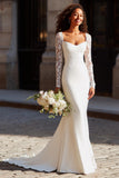 Mermaid Square Neck White Long Sleeve Wedding Dress with Lace
