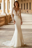 Ivory Mermaid Appliqued Long Sleeve Wedding Dress