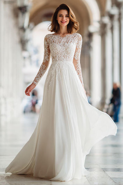 Berylove Women Ivory Long Sleeve Wedding Dress Bateau Neck A-Line Bridal Dress With Lace Appliques